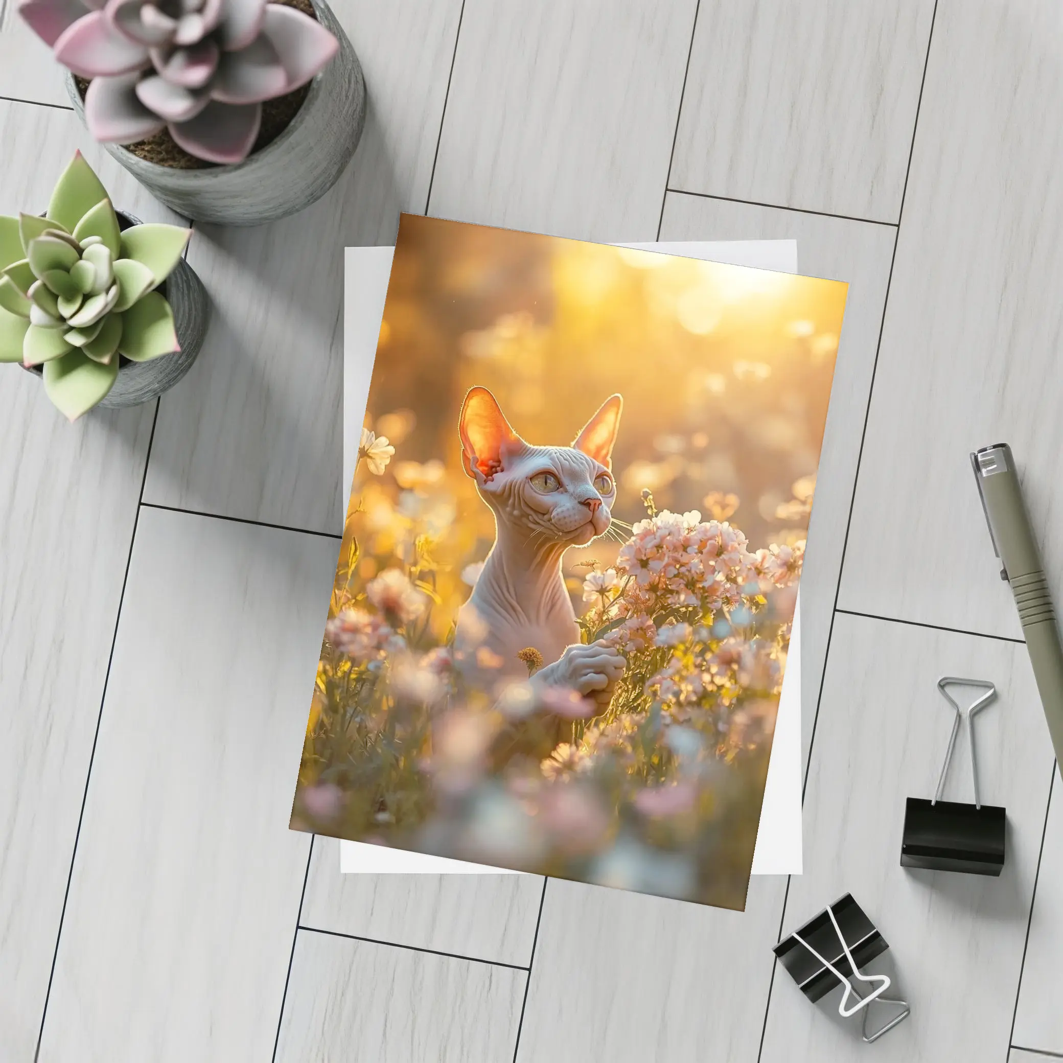 Sphynx Cat Among Pink Wildflowers Golden Hour – Postcards
