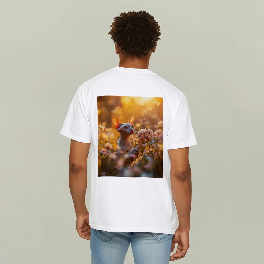 Sphynx Cat Among Pink Wildflowers Golden Hour – T-Shirts