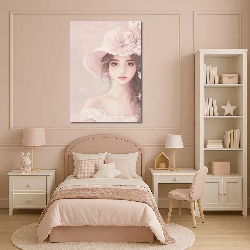 Elegant Girl Pink Floral Hat Portrait Art – Wall Art