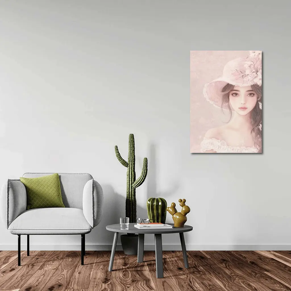 Elegant Girl Pink Floral Hat Portrait Art – Wall Art