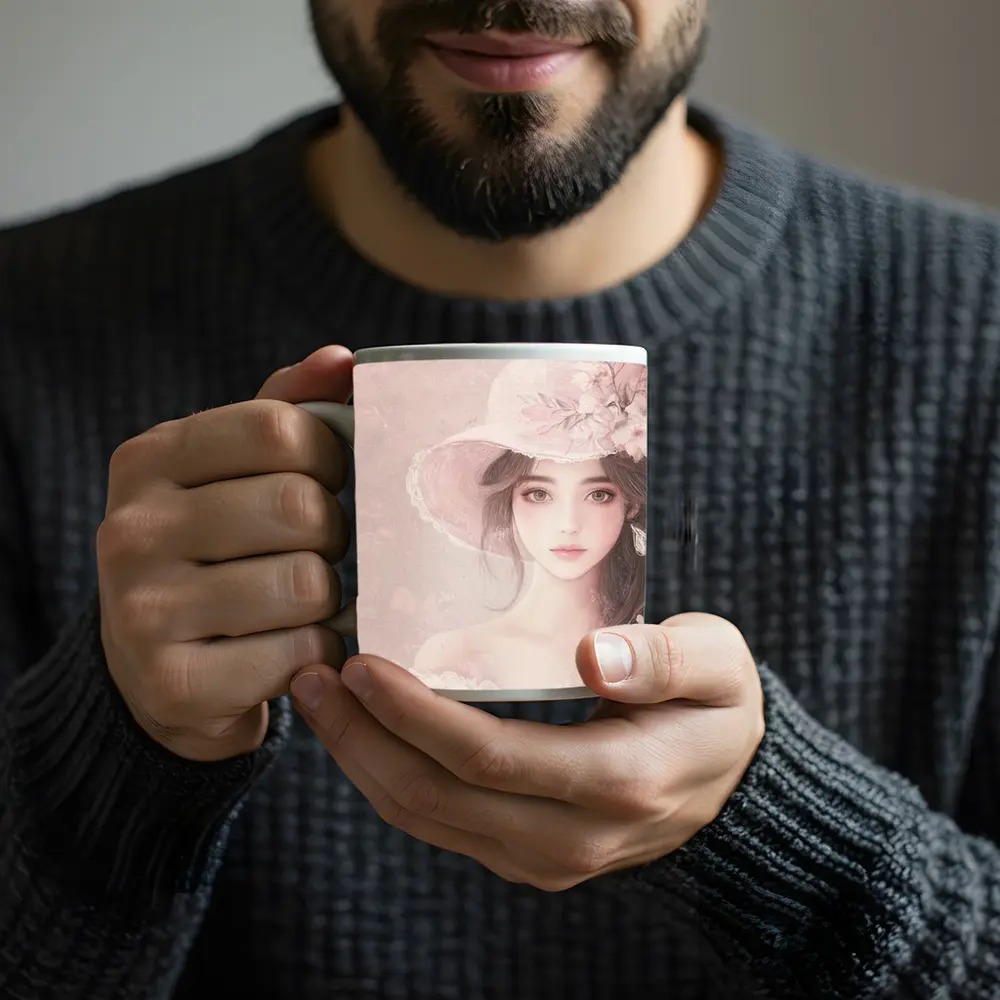 Elegant Girl Pink Floral Hat Portrait Art – Mugs