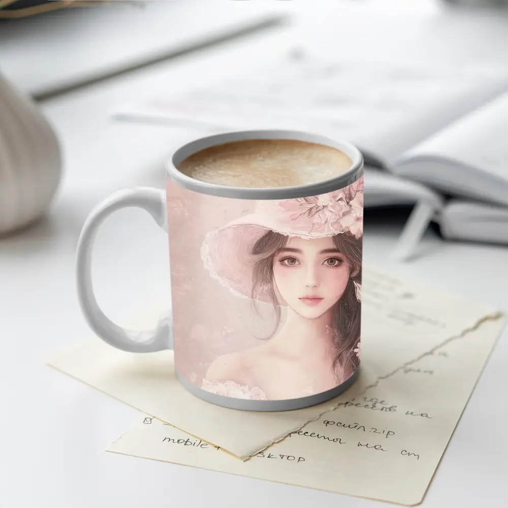 Elegant Girl Pink Floral Hat Portrait Art – Mugs