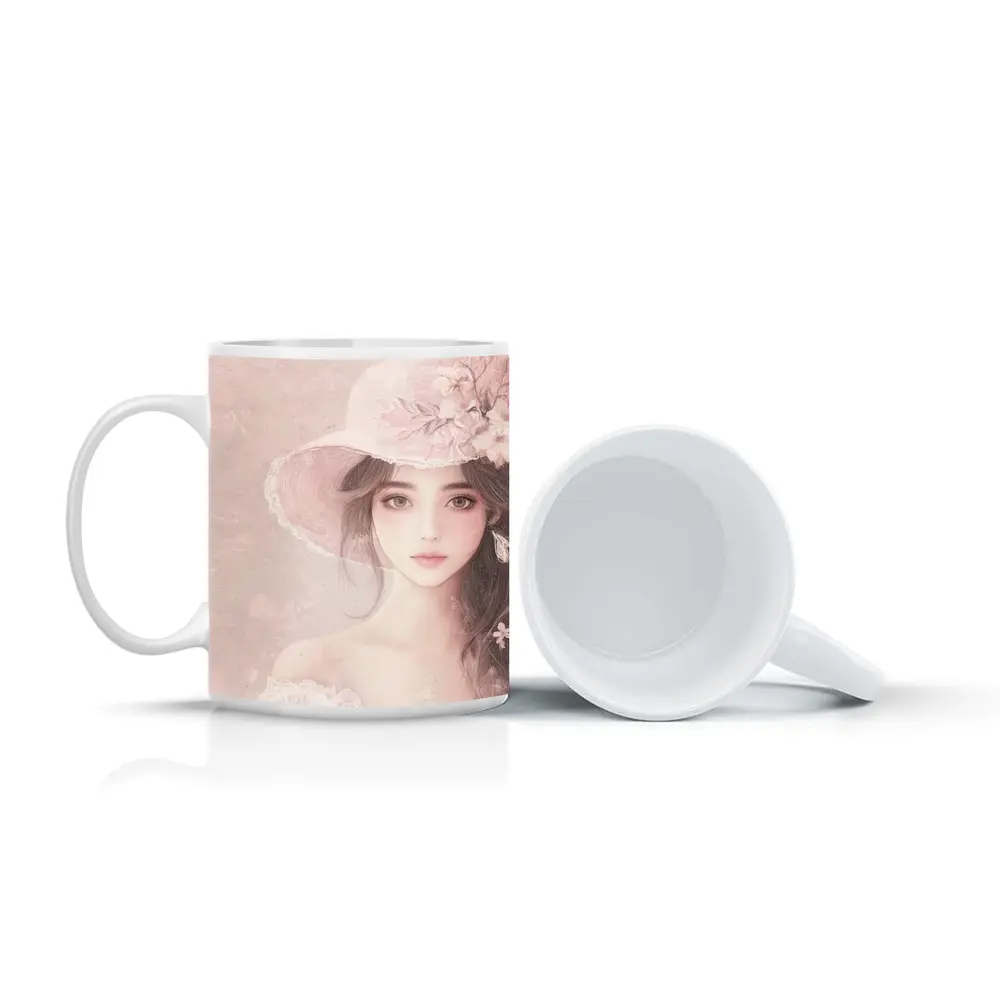 Elegant Girl Pink Floral Hat Portrait Art – Mugs