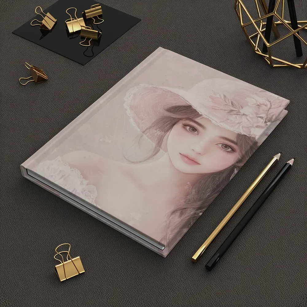 Elegant Girl Pink Floral Hat Portrait Art – Notebooks