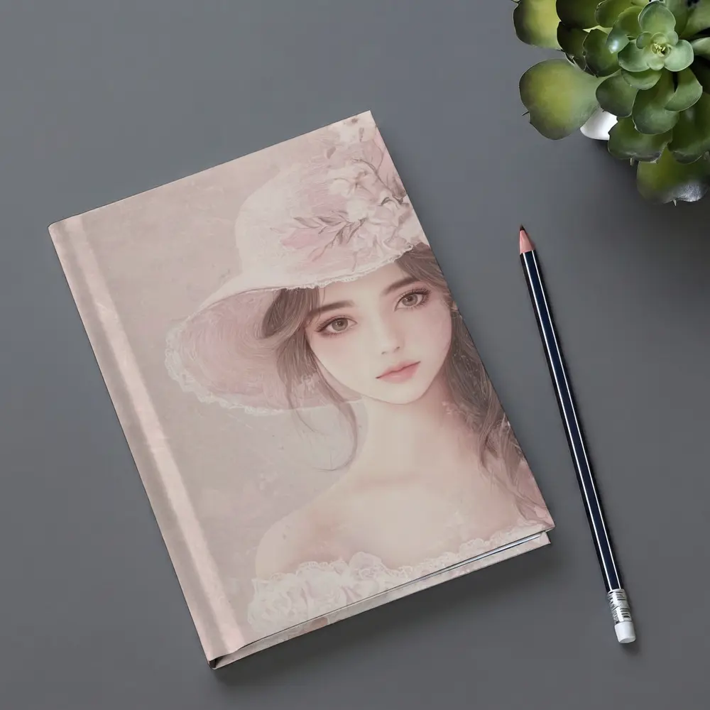 Elegant Girl Pink Floral Hat Portrait Art – Notebooks