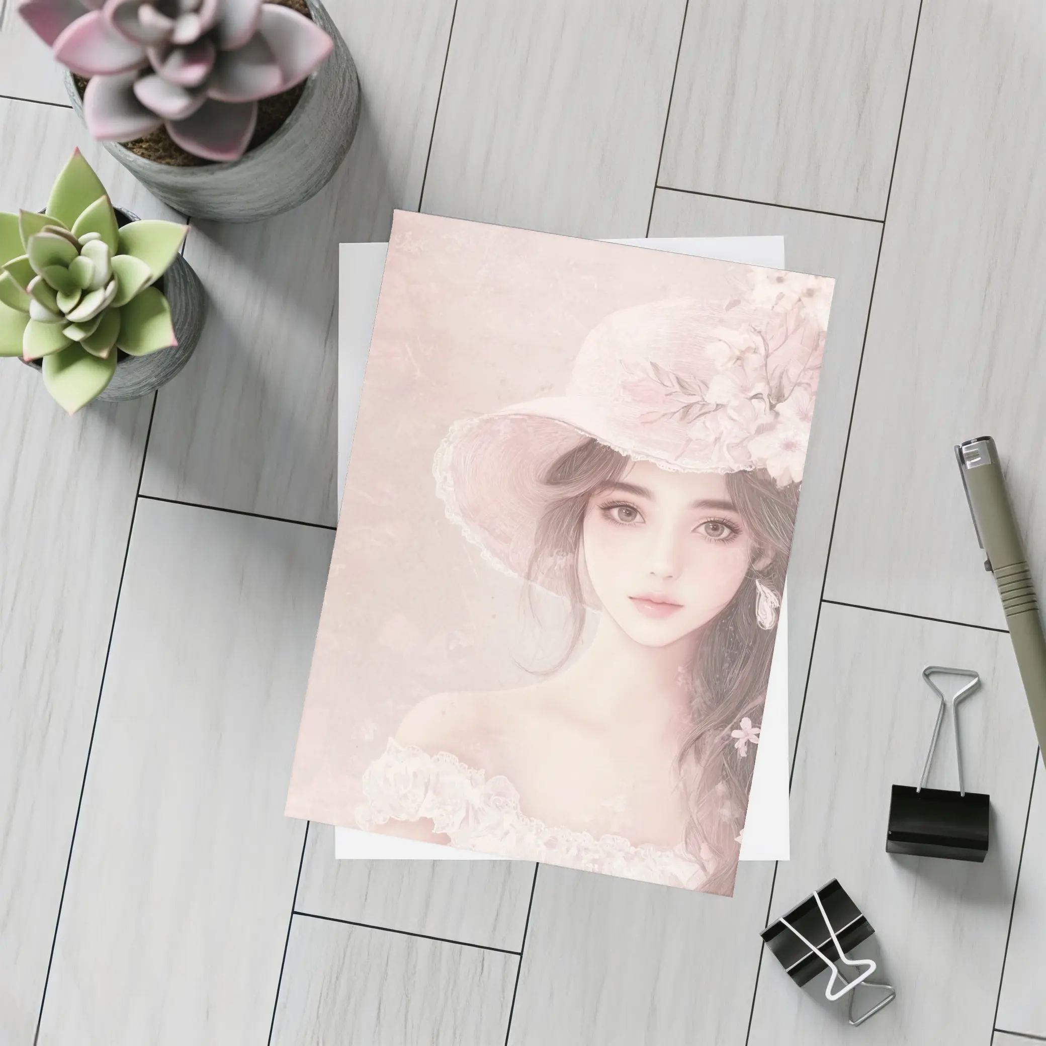 Elegant Girl Pink Floral Hat Portrait Art – Postcards