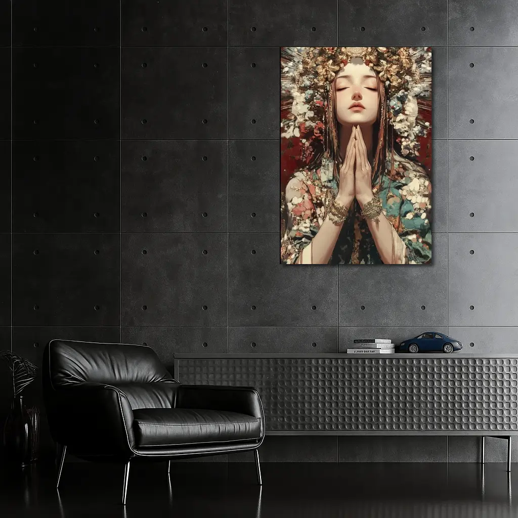 Praying Woman Ornate Floral Headdress Fantasy Art – Wall Art