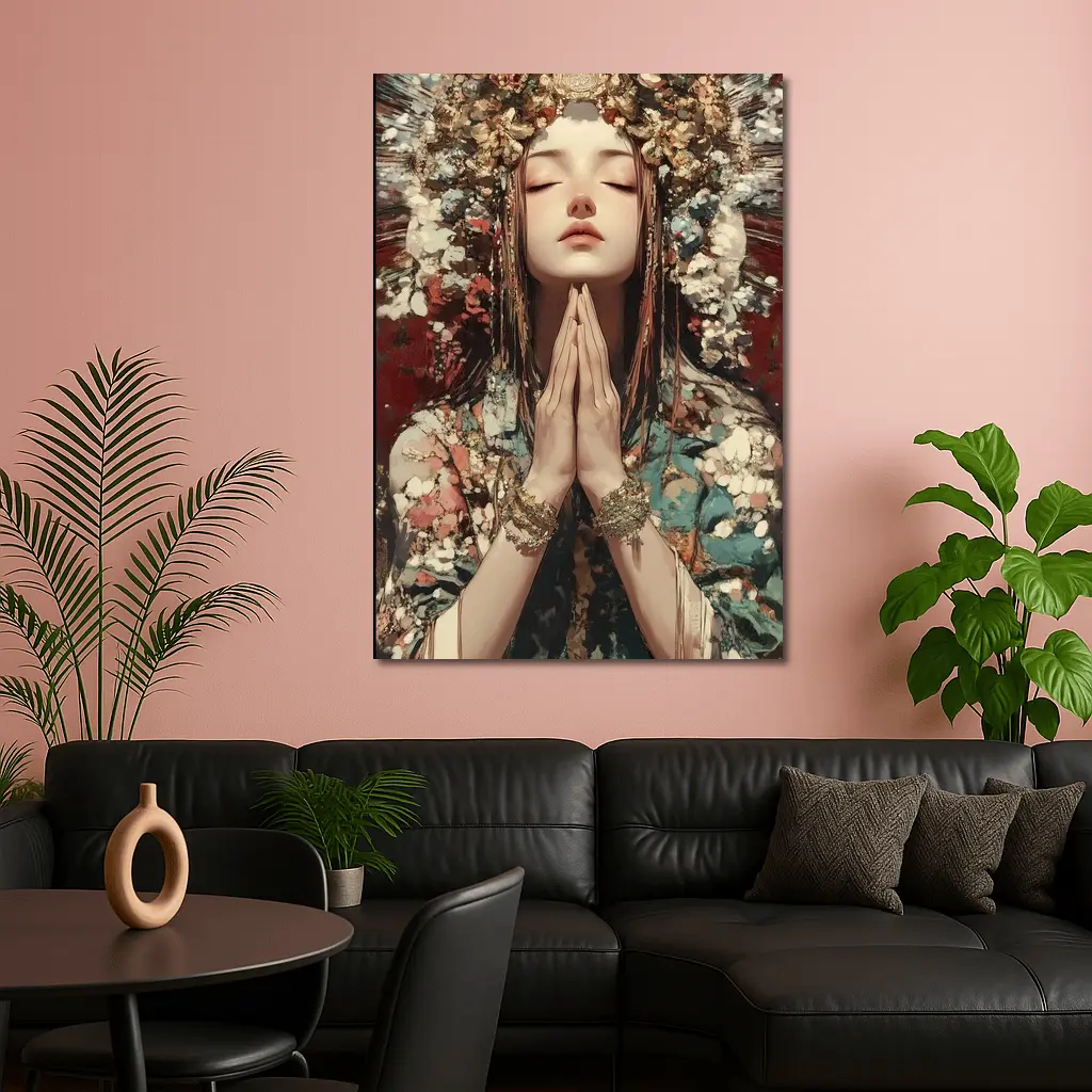 Praying Woman Ornate Floral Headdress Fantasy Art – Wall Art