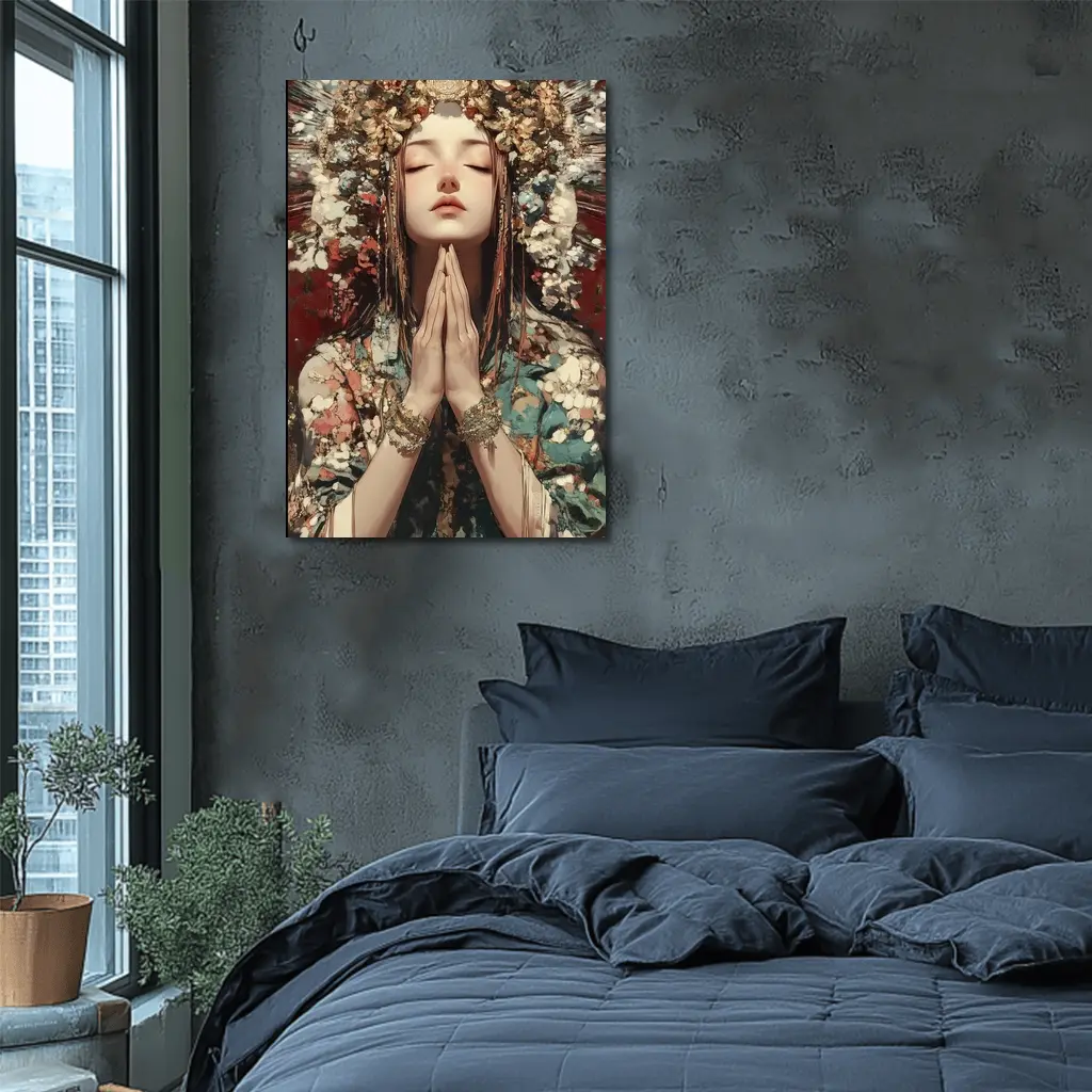 Praying Woman Ornate Floral Headdress Fantasy Art – Wall Art
