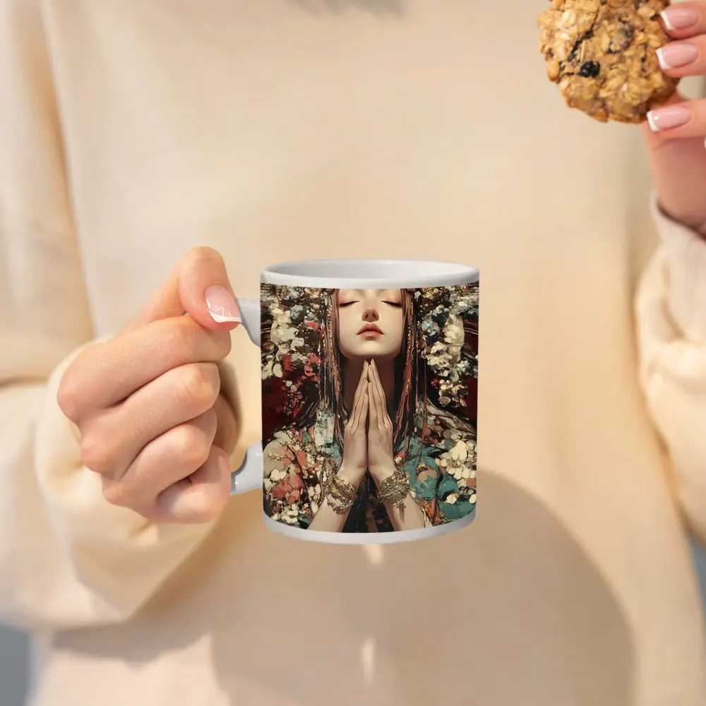 Praying Woman Ornate Floral Headdress Fantasy Art – Mugs
