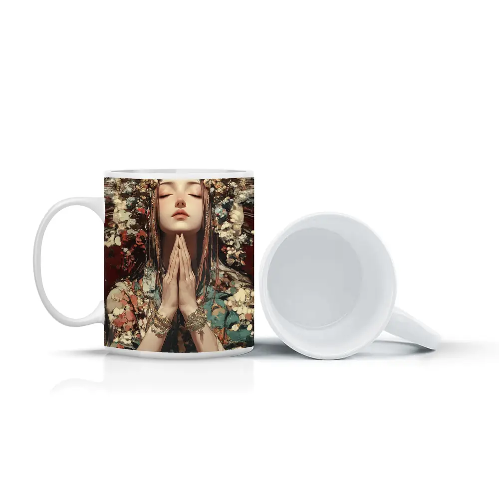 Praying Woman Ornate Floral Headdress Fantasy Art – Mugs
