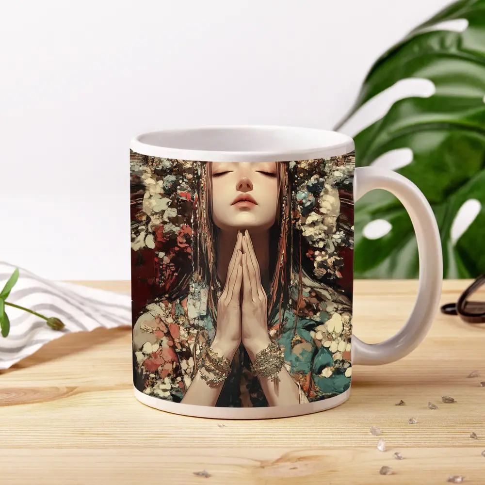 Praying Woman Ornate Floral Headdress Fantasy Art – Mugs
