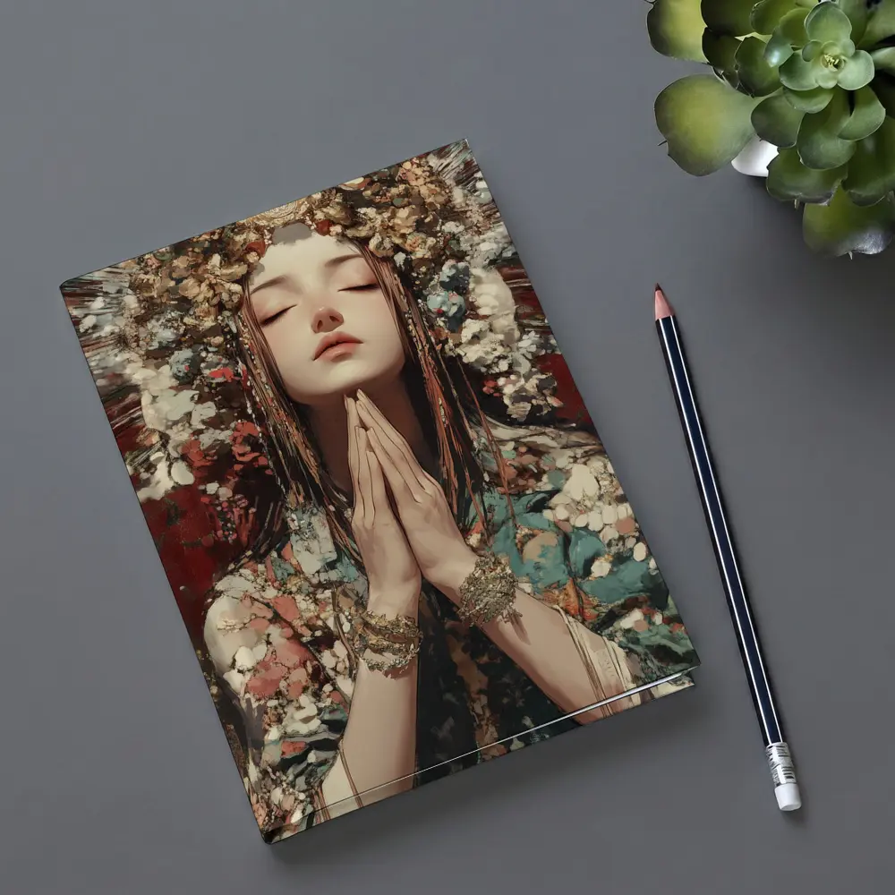 Praying Woman Ornate Floral Headdress Fantasy Art – Notebooks