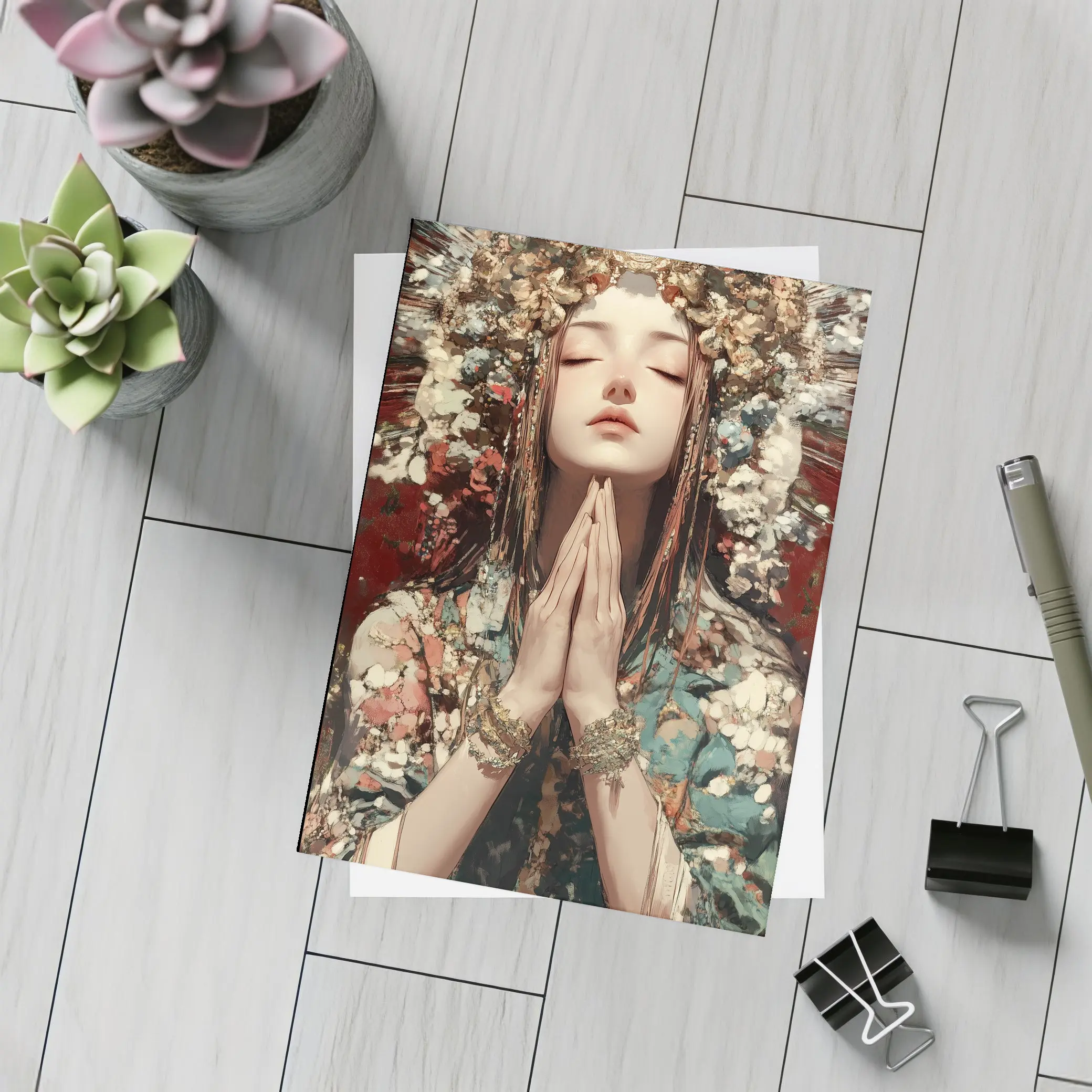 Praying Woman Ornate Floral Headdress Fantasy Art – Postcards