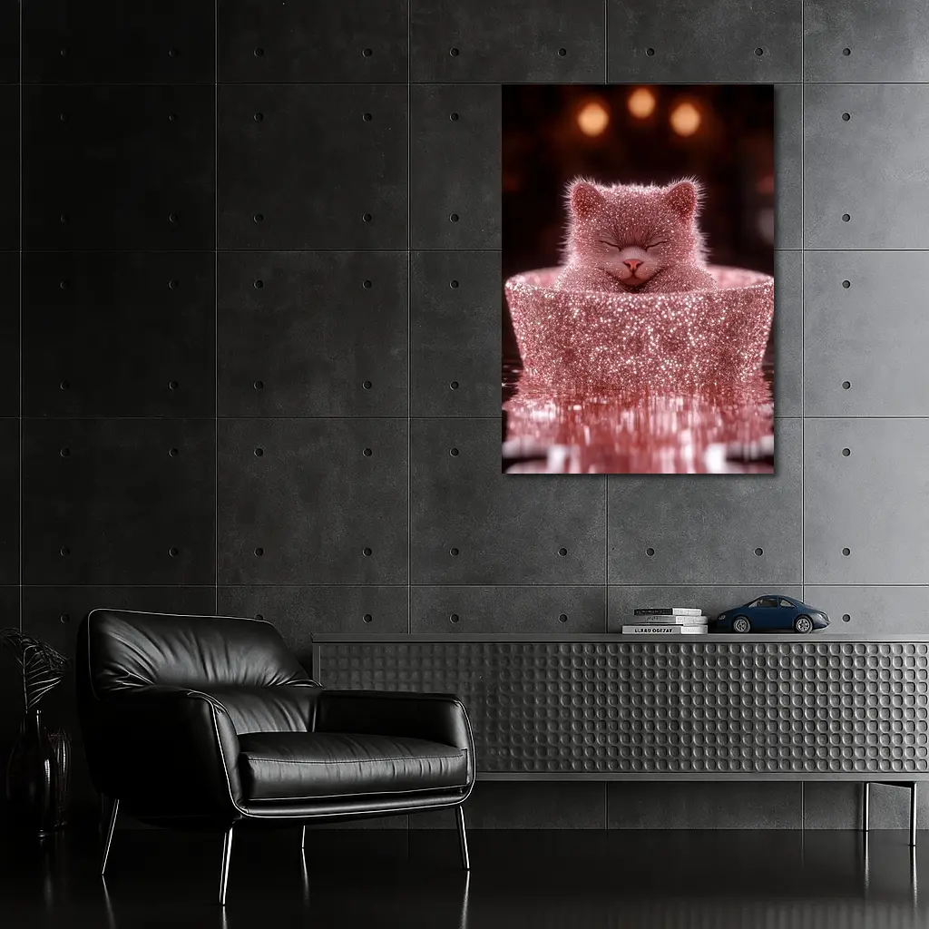 Glittery Pink Cat Sitting In Box – Wall Art