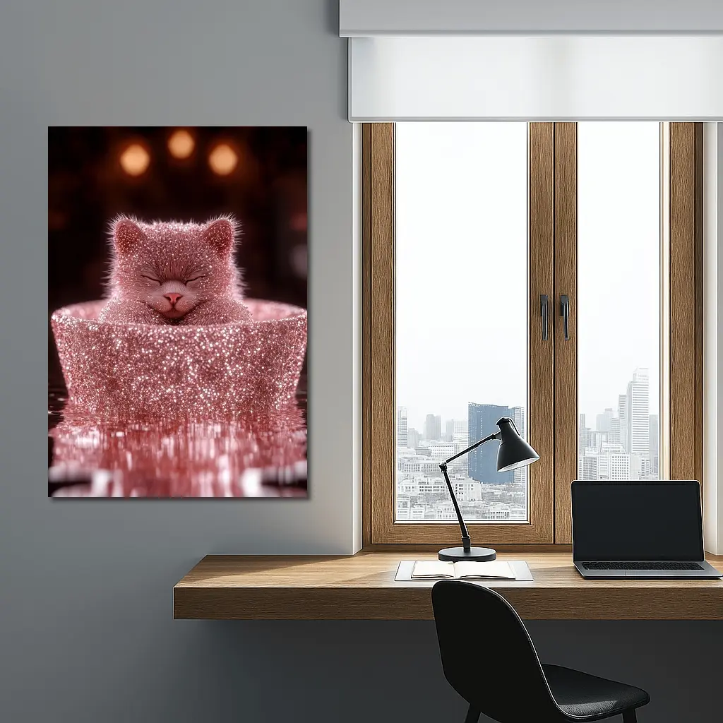 Glittery Pink Cat Sitting In Box – Wall Art