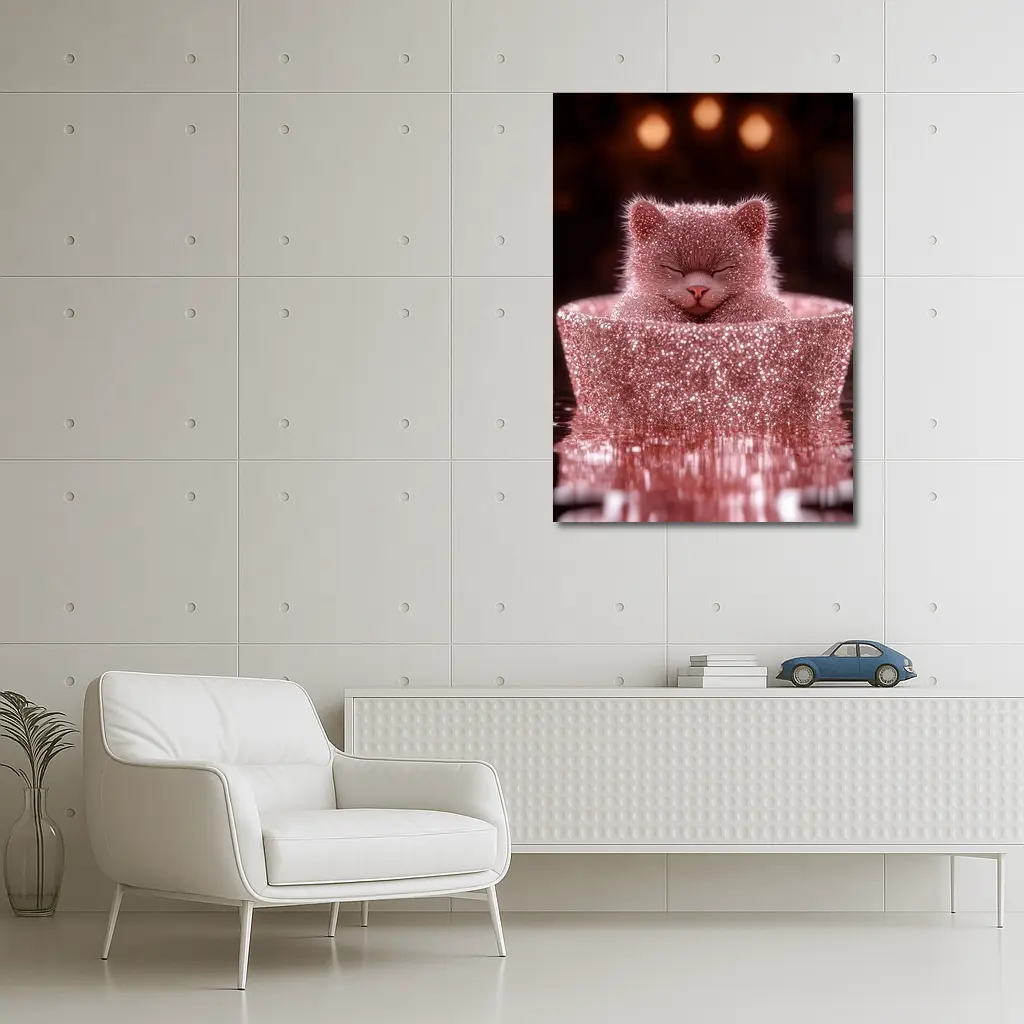 Glittery Pink Cat Sitting In Box – Wall Art