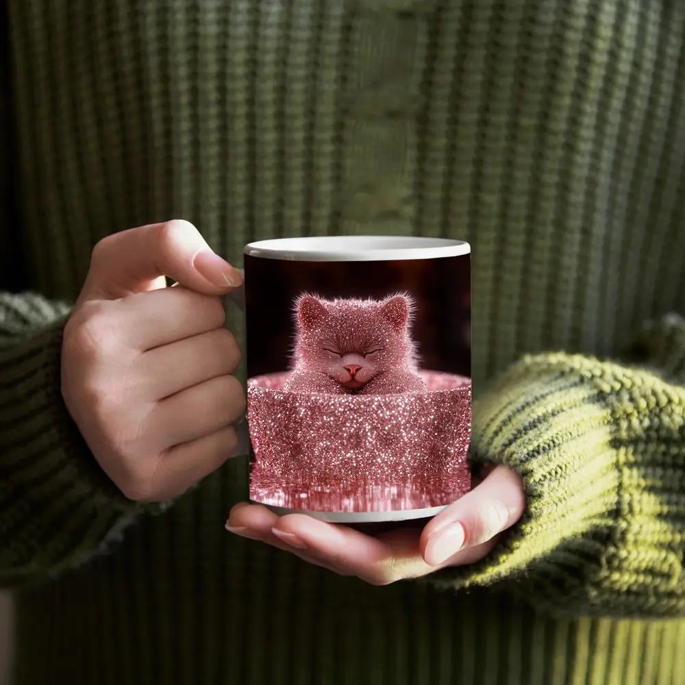 Glittery Pink Cat Sitting In Box – Mugs