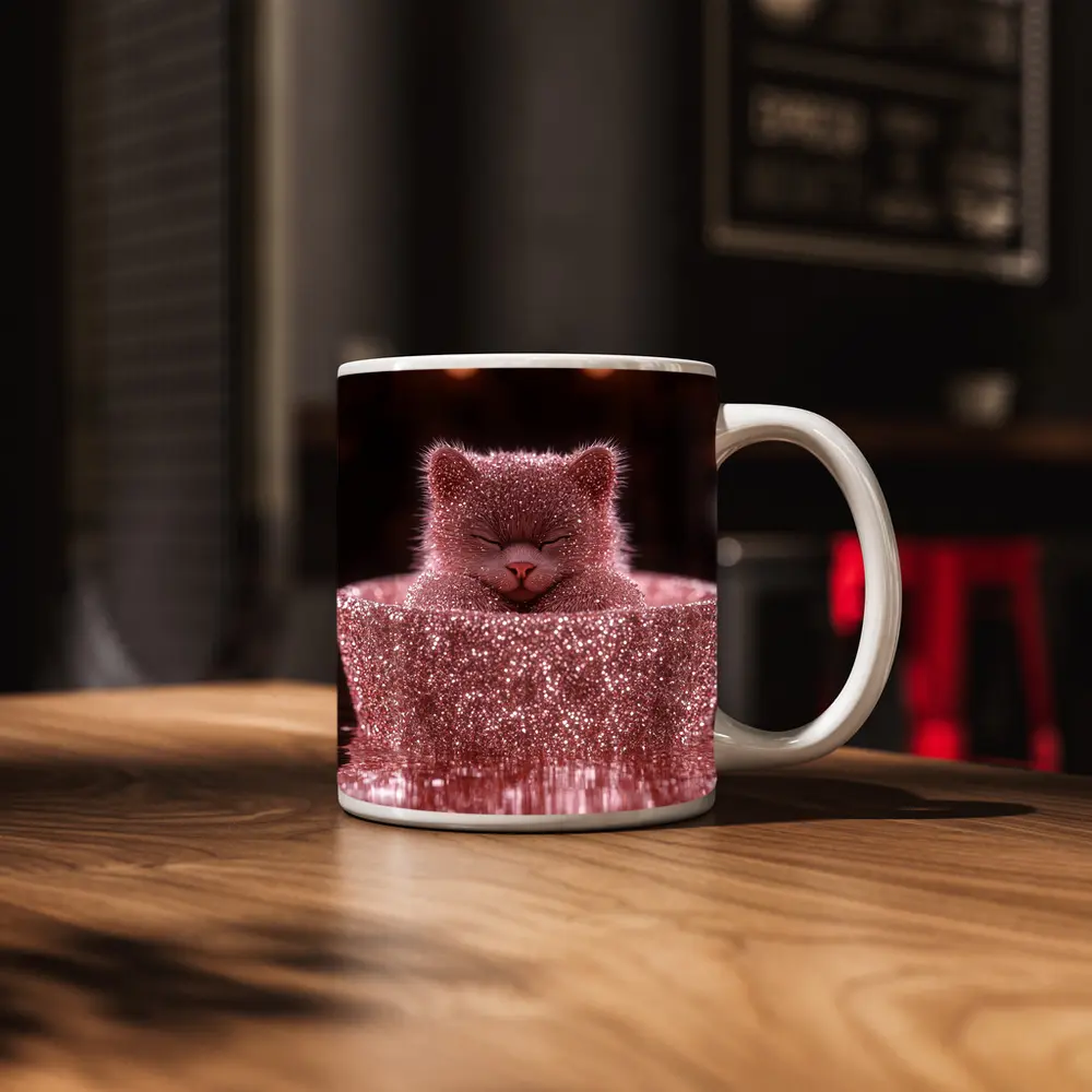 Glittery Pink Cat Sitting In Box – Mugs