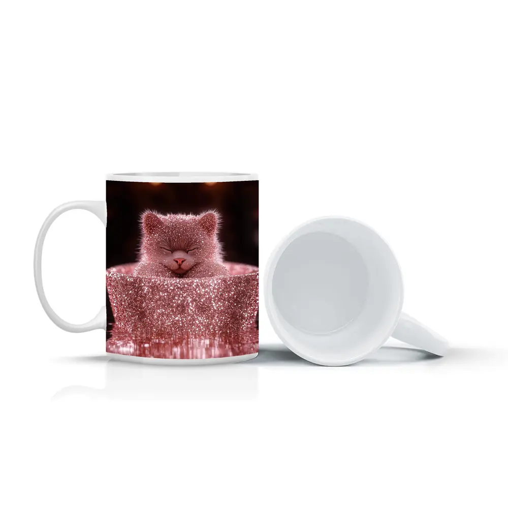 Glittery Pink Cat Sitting In Box – Mugs