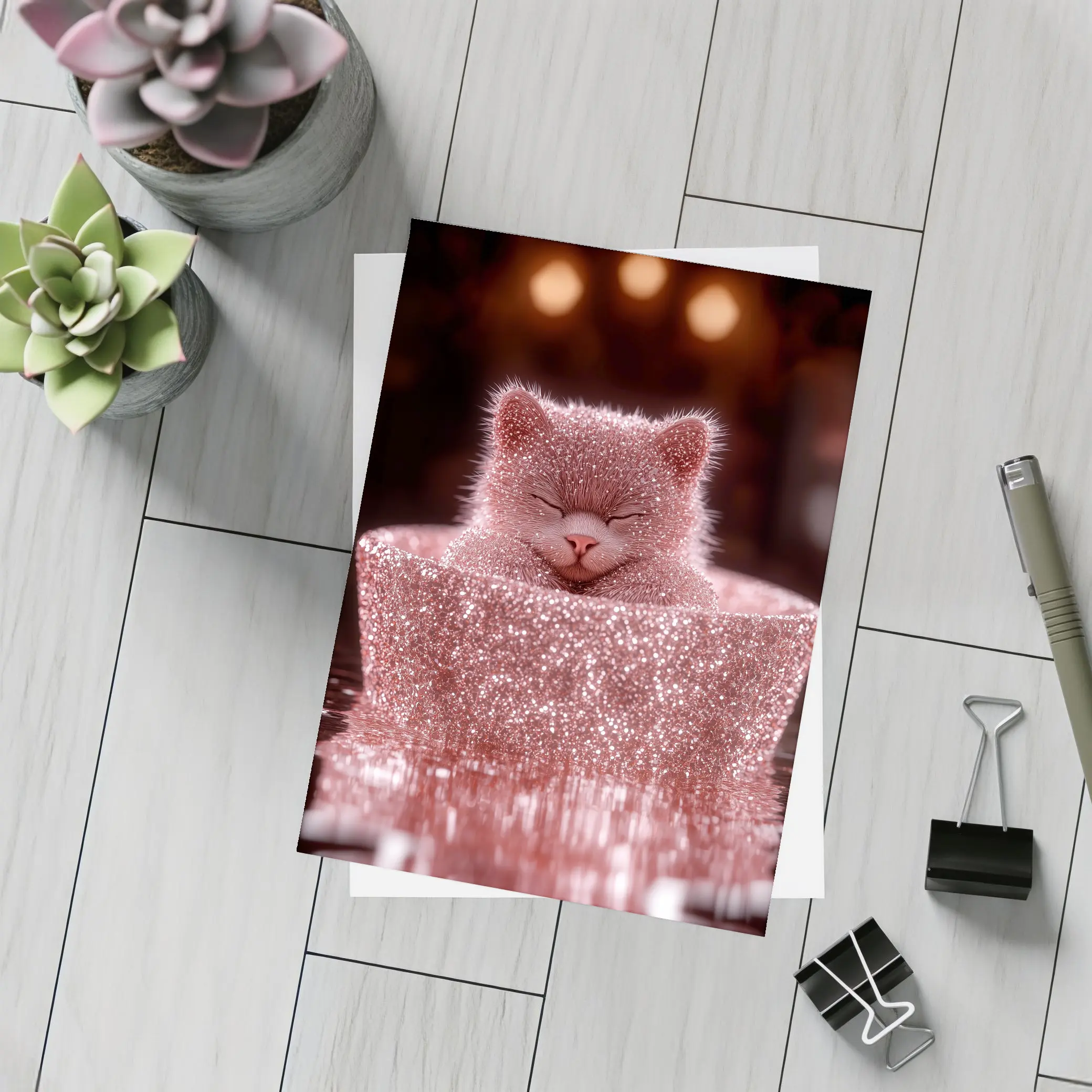 Glittery Pink Cat Sitting In Box – Postcards