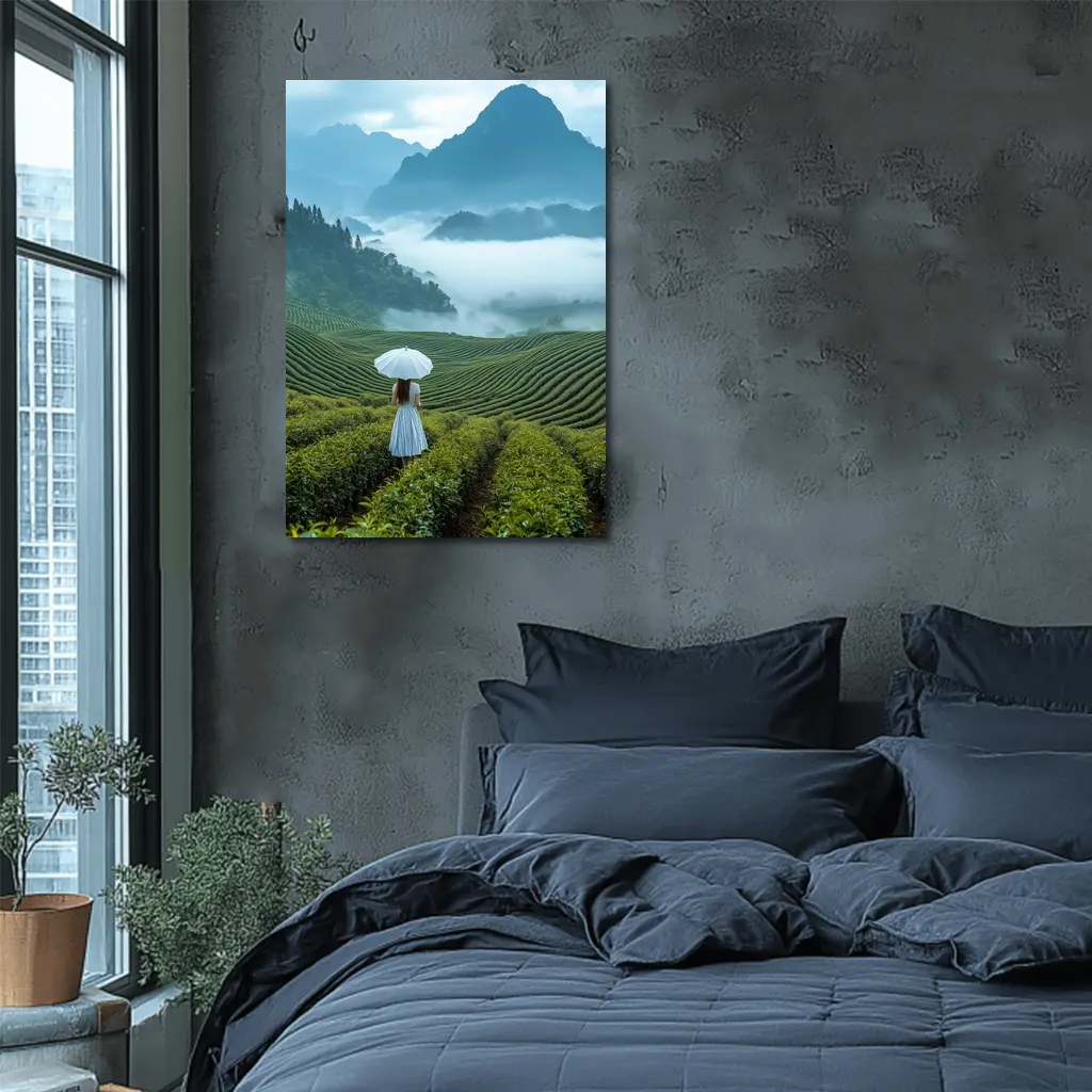 Woman With Umbrella In Misty Tea Fields – Wall Art