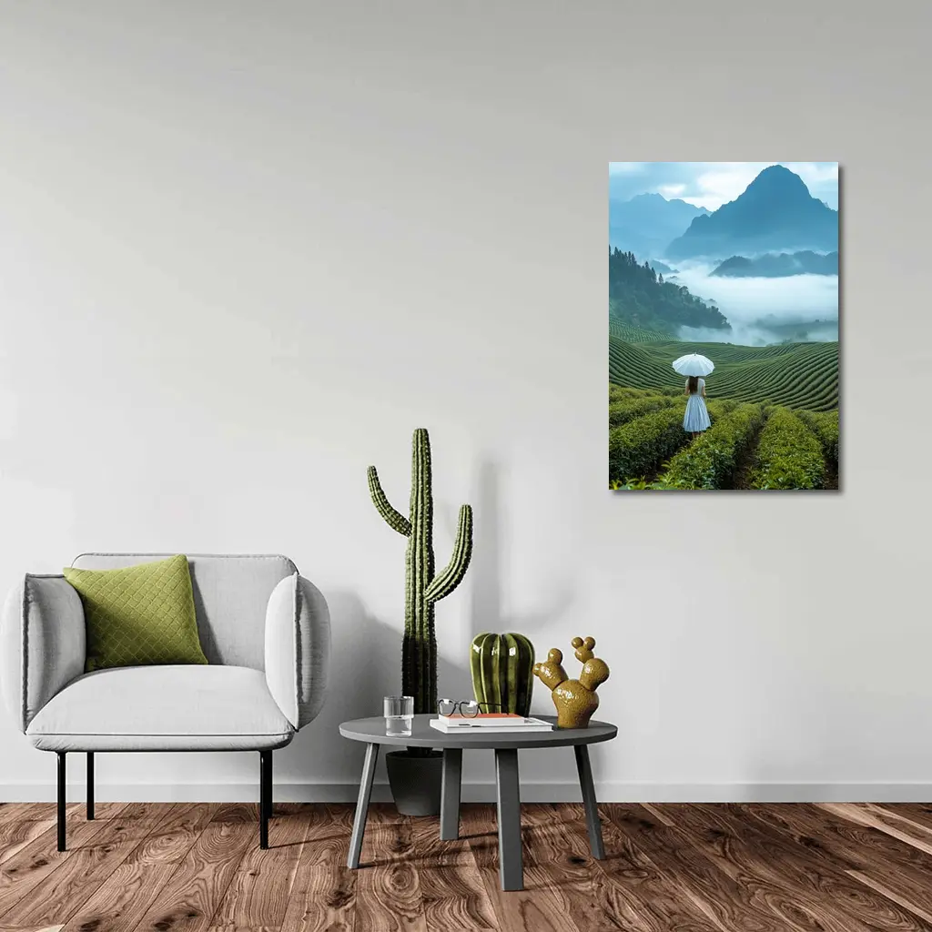 Woman With Umbrella In Misty Tea Fields – Wall Art