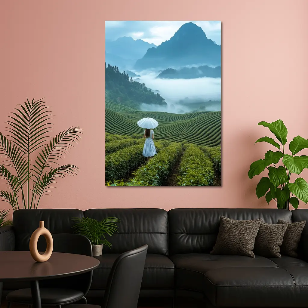 Woman With Umbrella In Misty Tea Fields – Wall Art