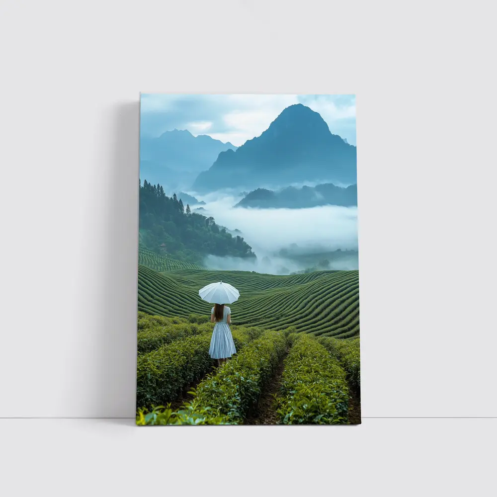 Woman With Umbrella In Misty Tea Fields – Wall Art