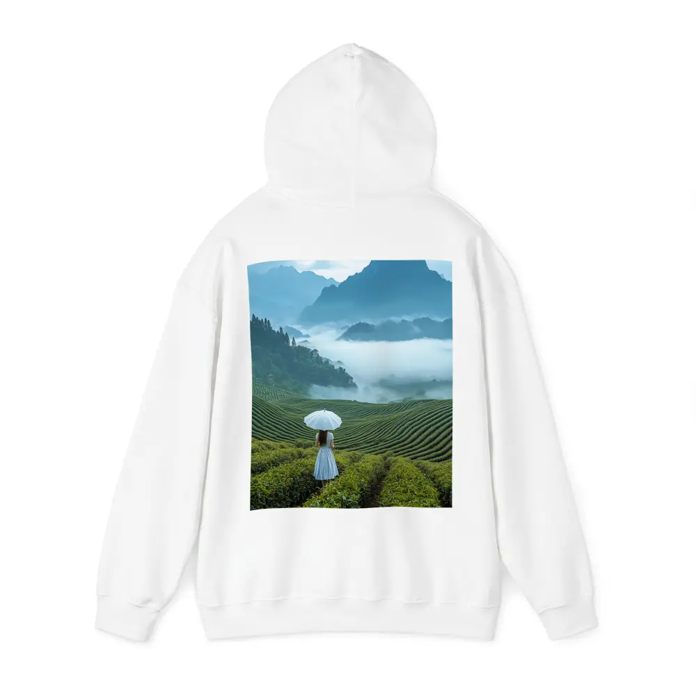 Woman With Umbrella In Misty Tea Fields – Hoodies