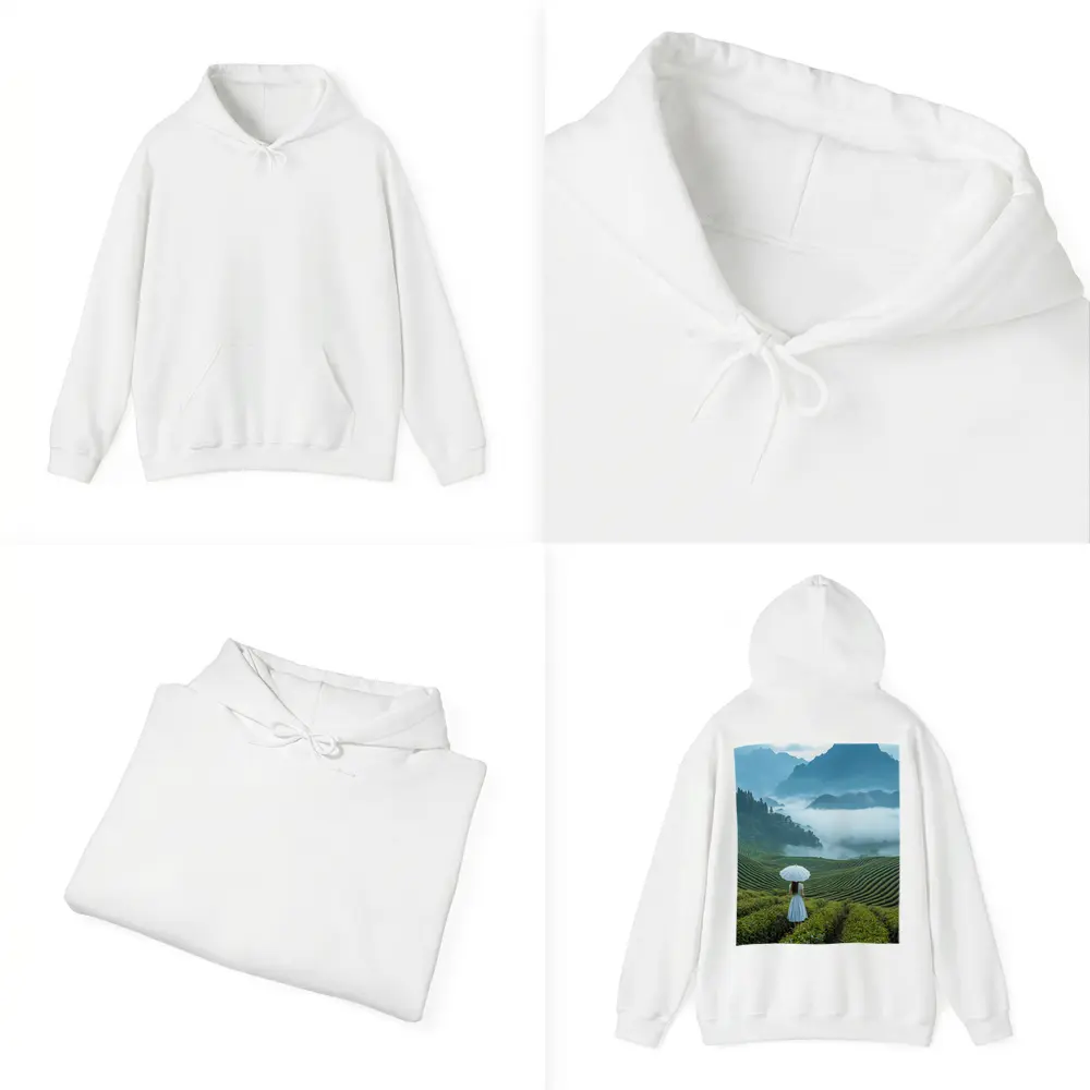 Woman With Umbrella In Misty Tea Fields – Hoodies