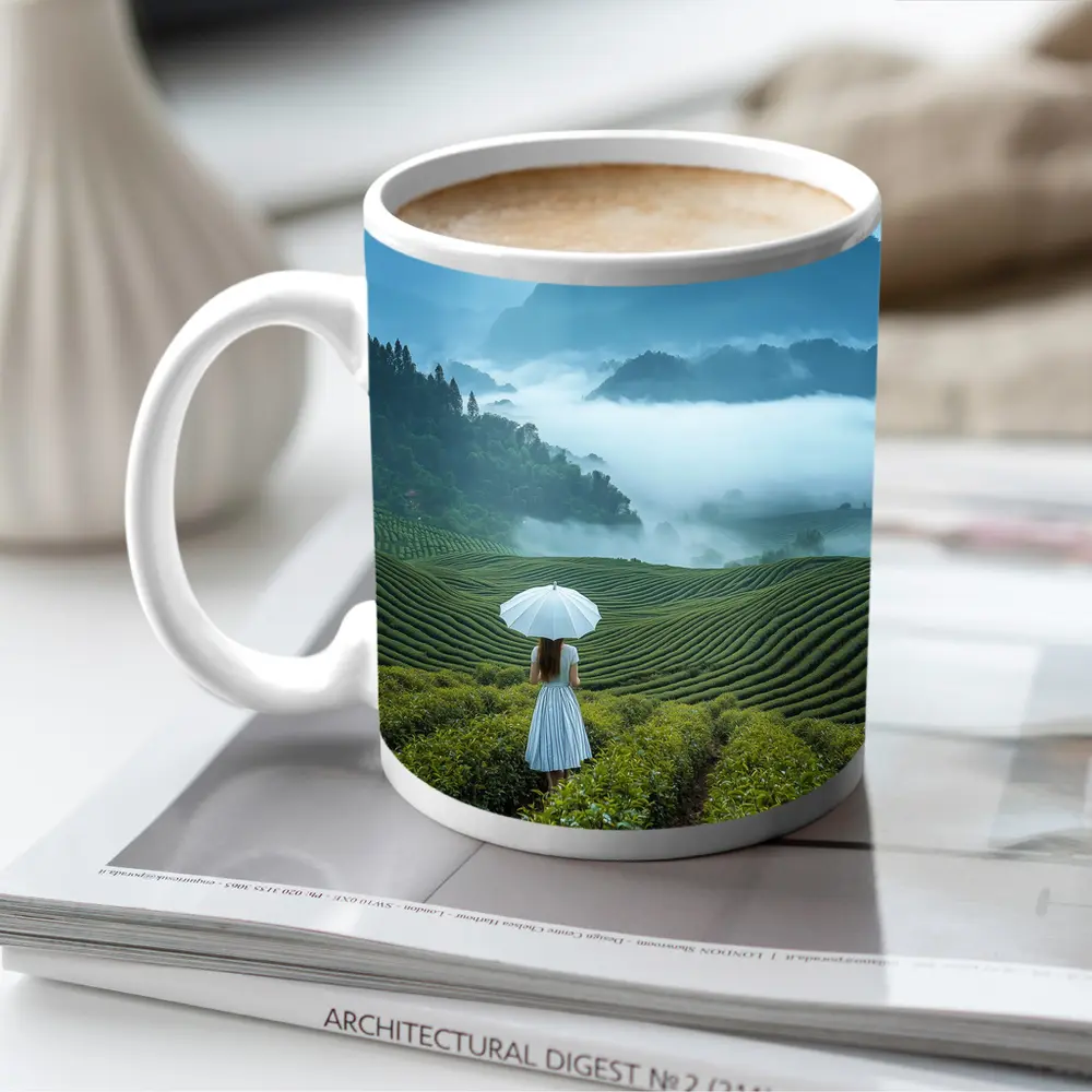 Woman With Umbrella In Misty Tea Fields – Mugs