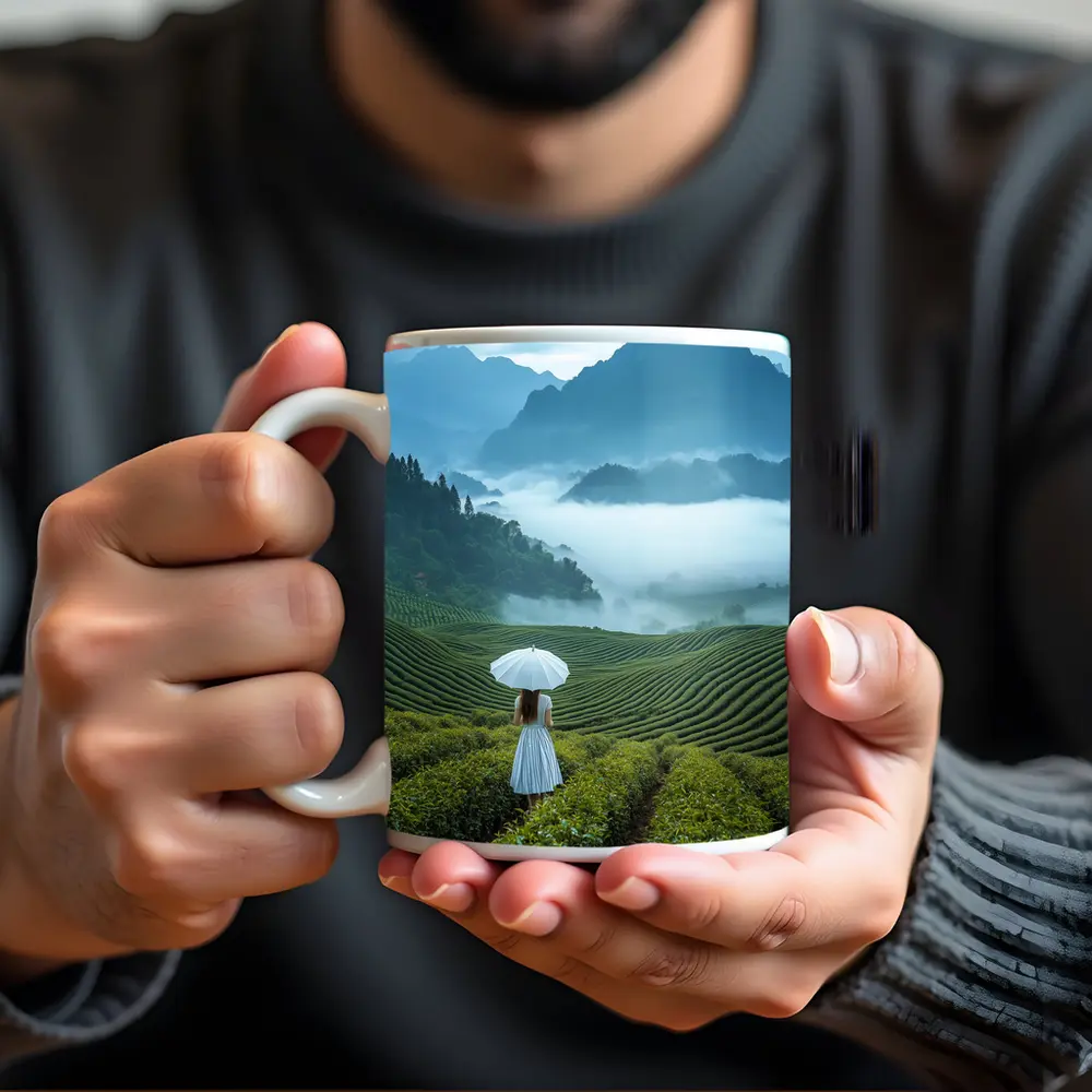 Woman With Umbrella In Misty Tea Fields – Mugs