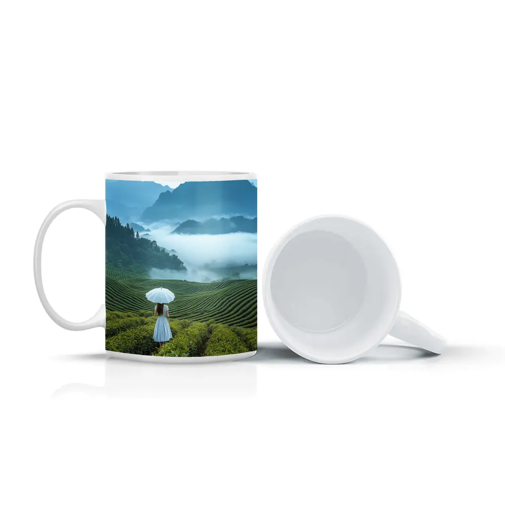 Woman With Umbrella In Misty Tea Fields – Mugs