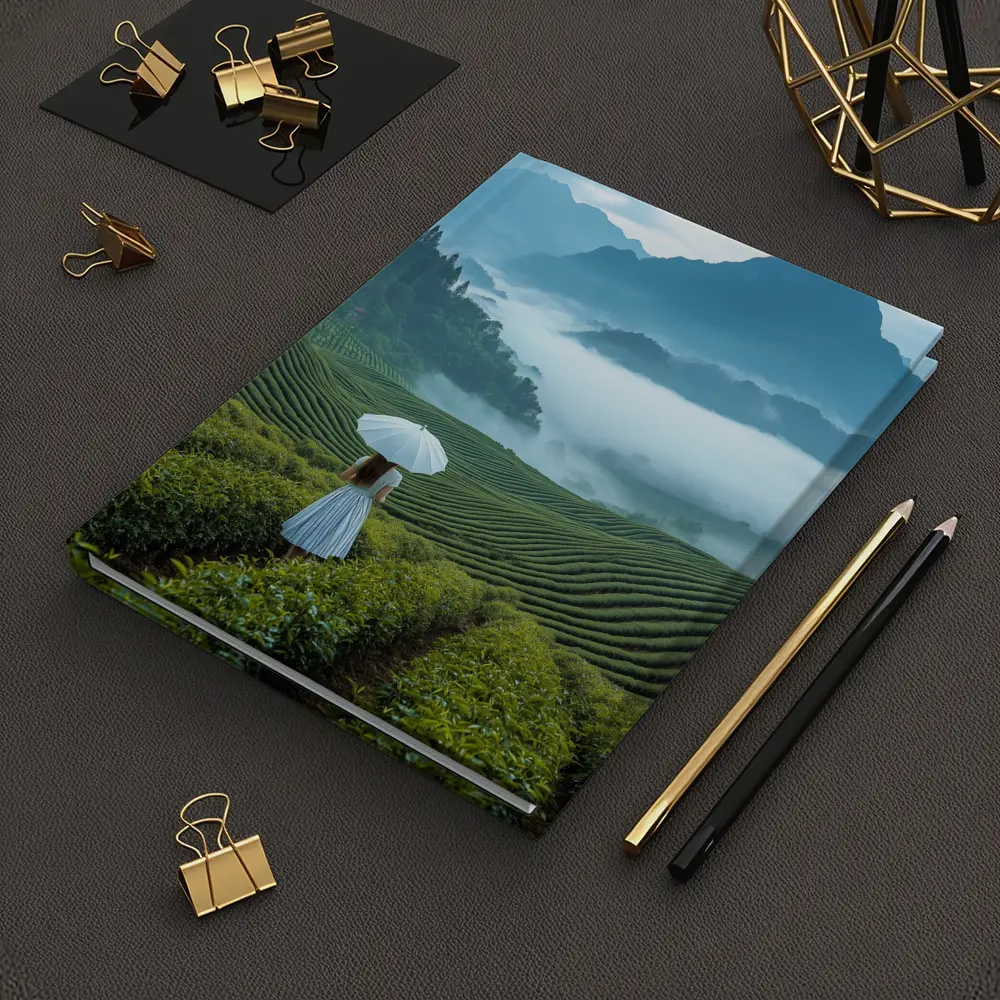 Woman With Umbrella In Misty Tea Fields – Notebooks