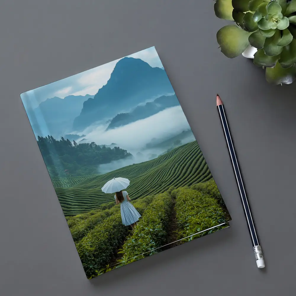 Woman With Umbrella In Misty Tea Fields – Notebooks