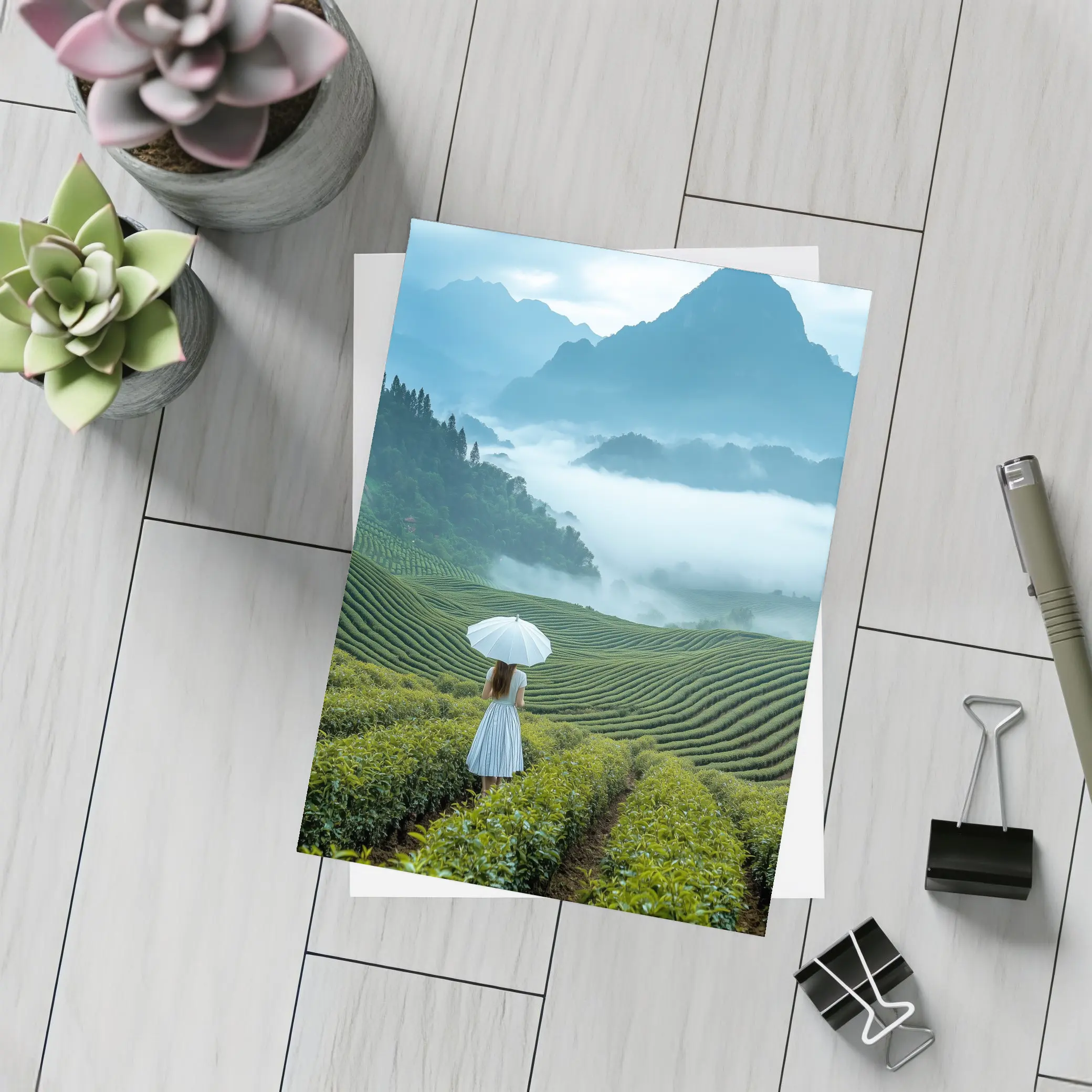 Woman With Umbrella In Misty Tea Fields – Postcards