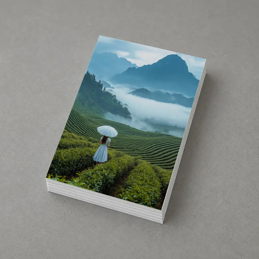 Woman With Umbrella In Misty Tea Fields – Postcards
