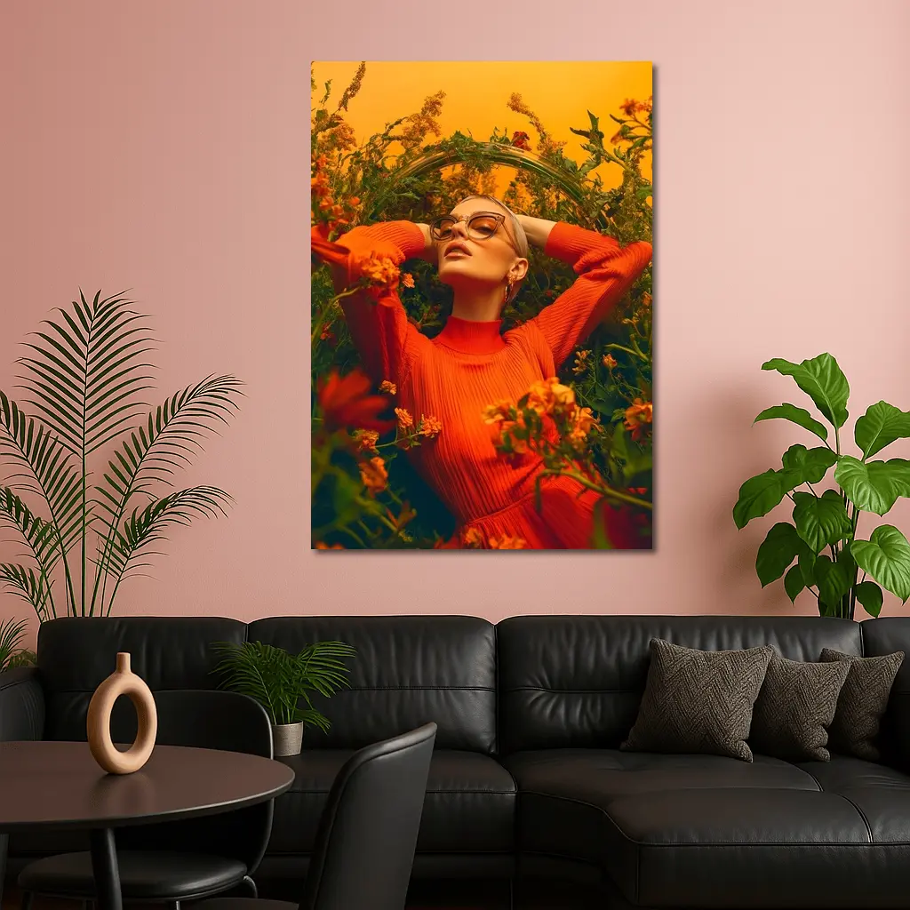 Woman in Orange Dress Among Wildflowers – Wall Art