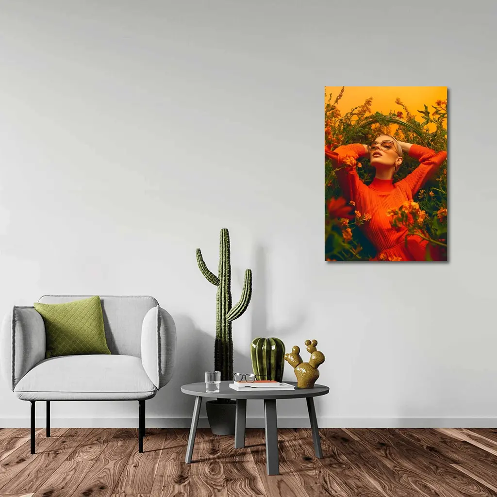 Woman in Orange Dress Among Wildflowers – Wall Art