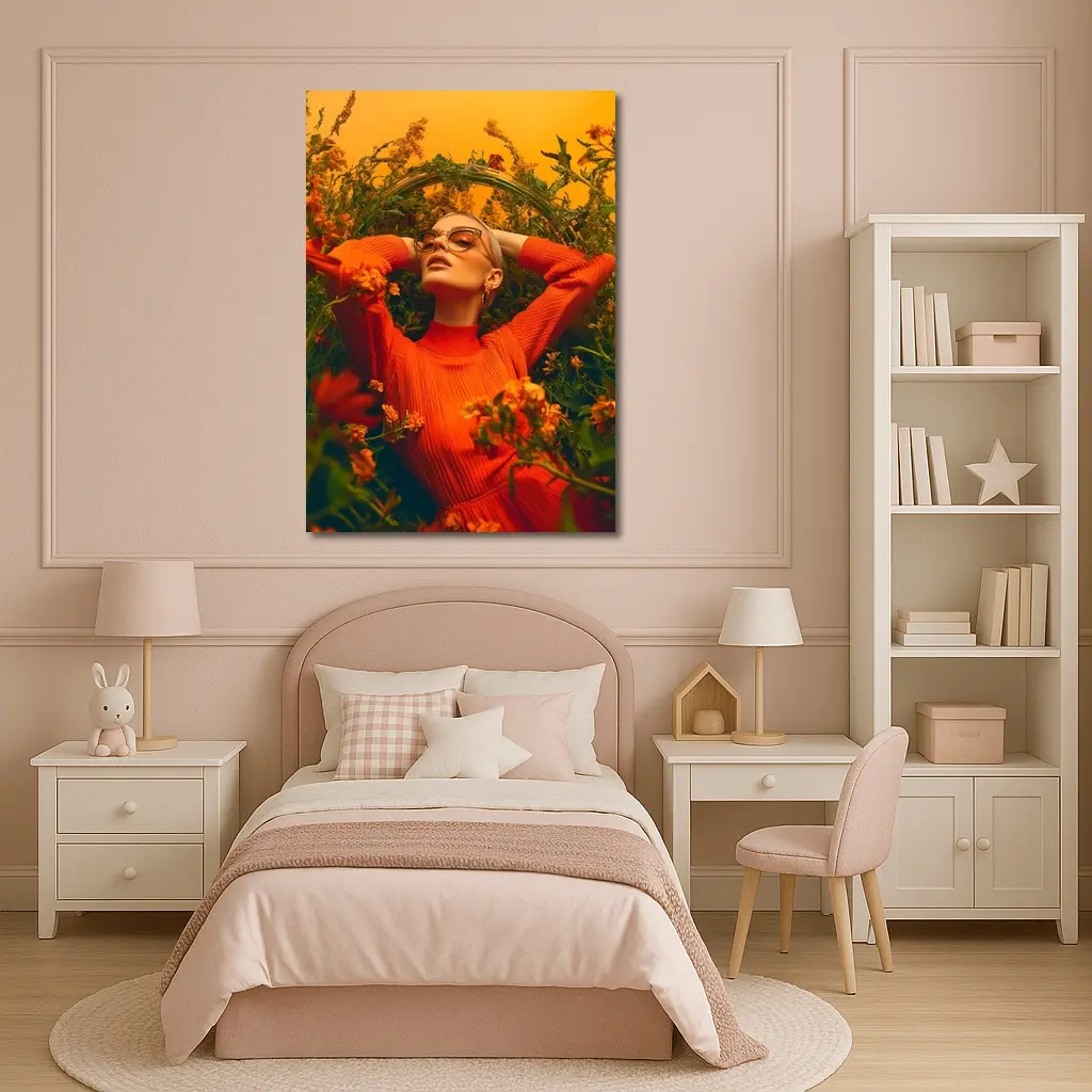 Woman in Orange Dress Among Wildflowers – Wall Art