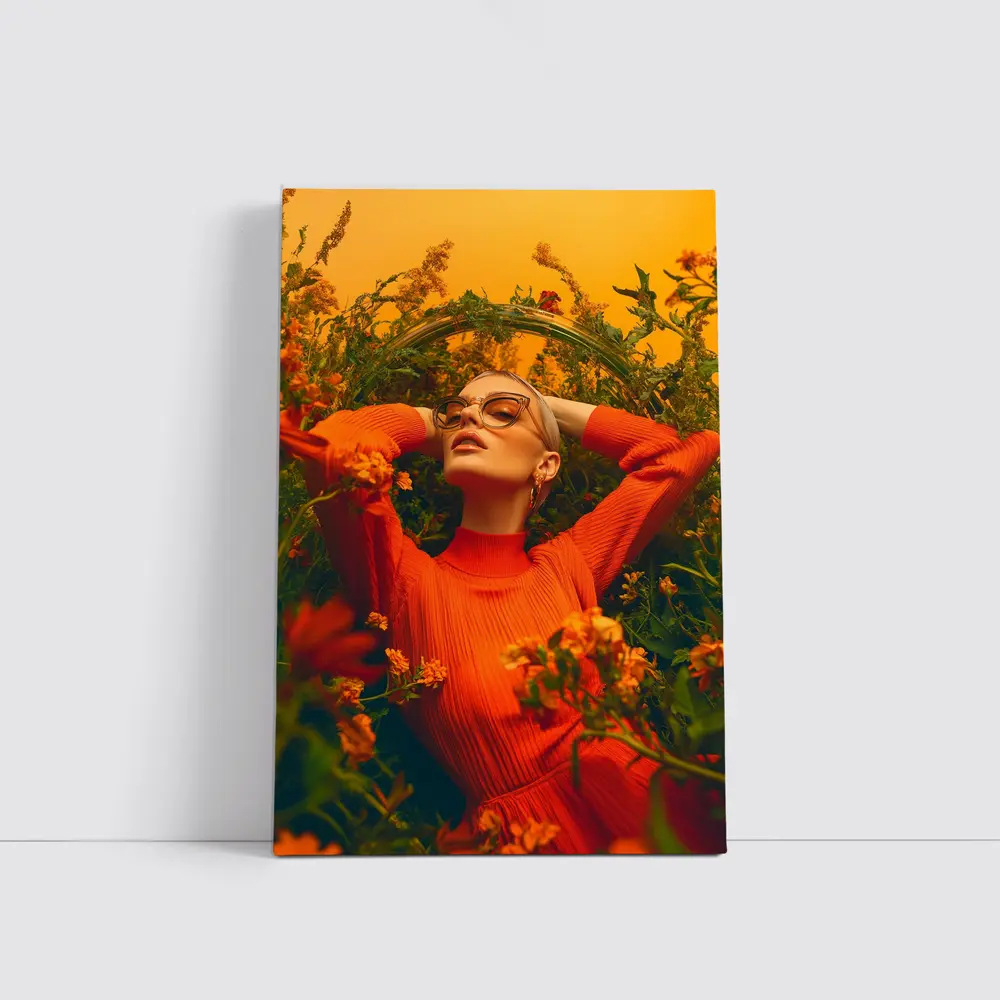 Woman in Orange Dress Among Wildflowers – Wall Art