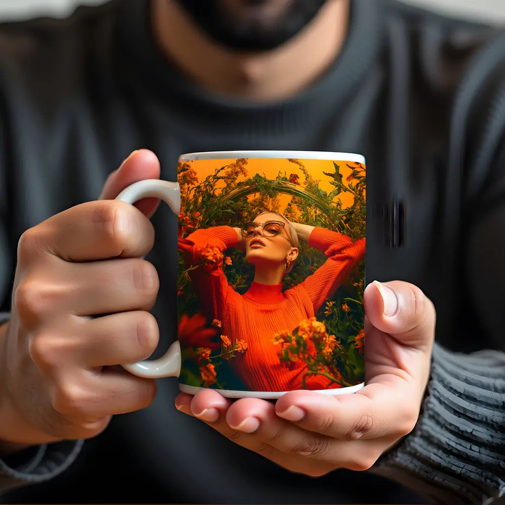 Woman in Orange Dress Among Wildflowers – Mugs