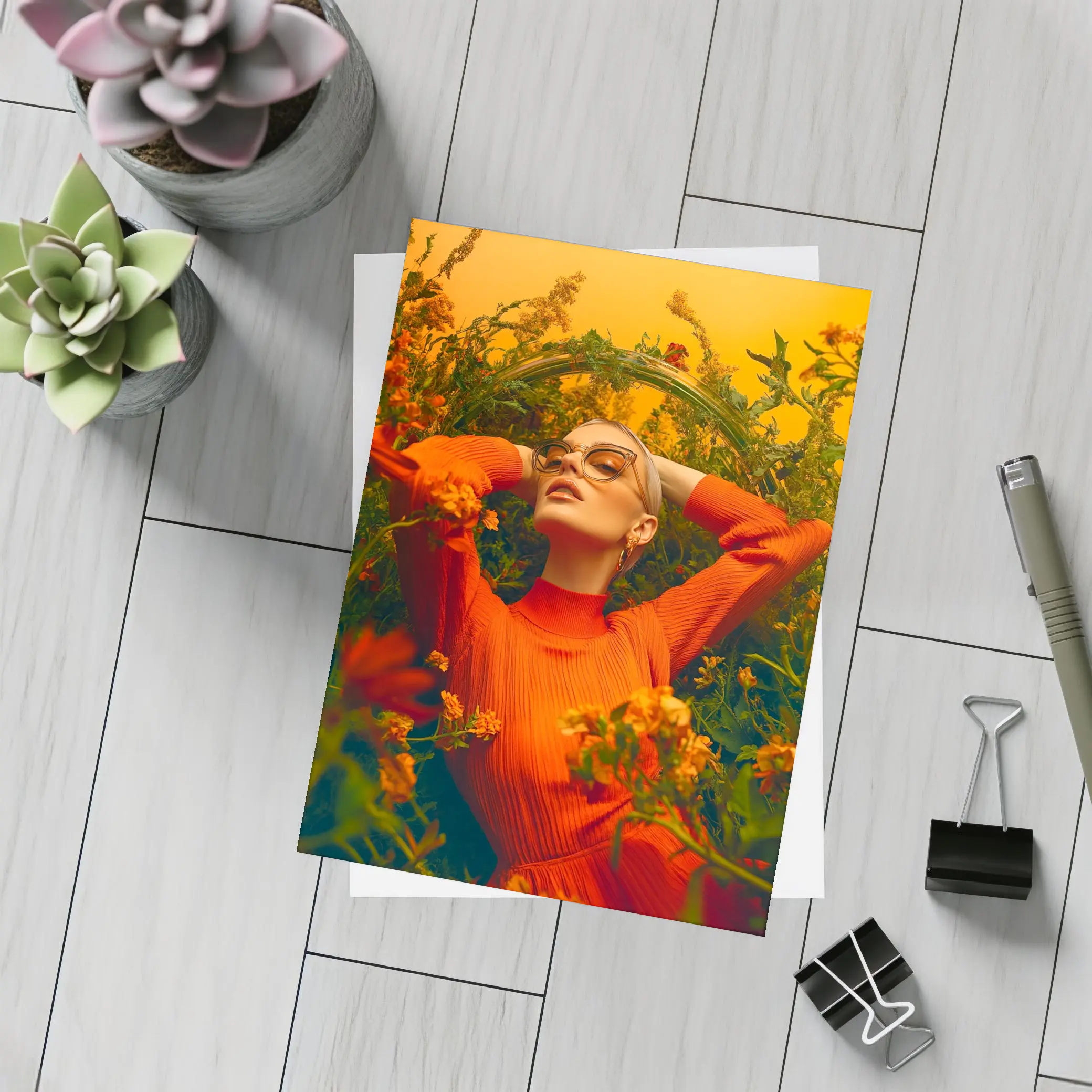 Woman in Orange Dress Among Wildflowers – Postcards