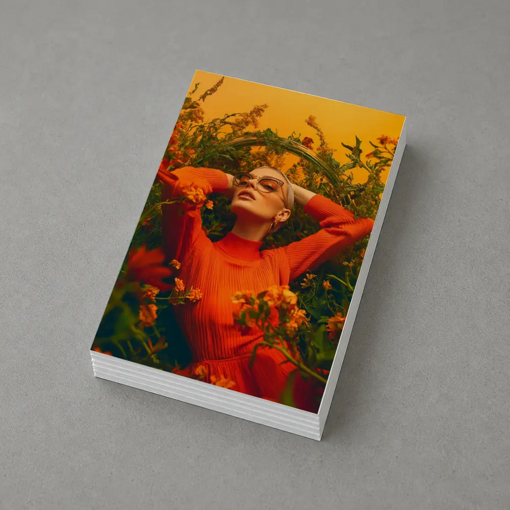 Woman in Orange Dress Among Wildflowers – Postcards