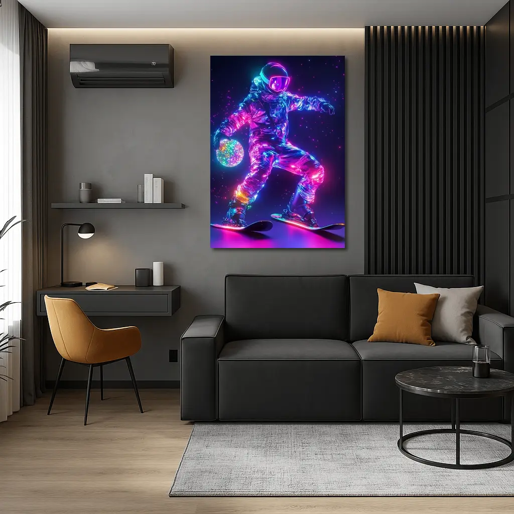 Neon Astronaut Snowboarding Through Cosmic Space – Wall Art