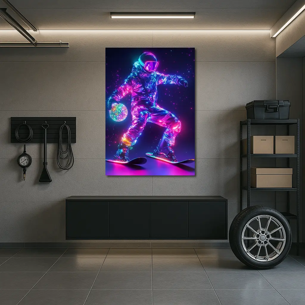 Neon Astronaut Snowboarding Through Cosmic Space – Wall Art