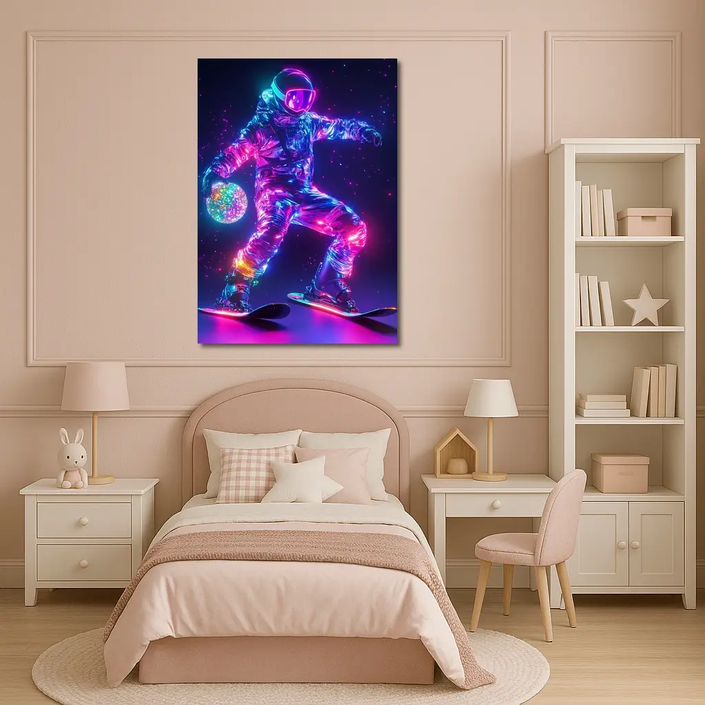 Neon Astronaut Snowboarding Through Cosmic Space – Wall Art