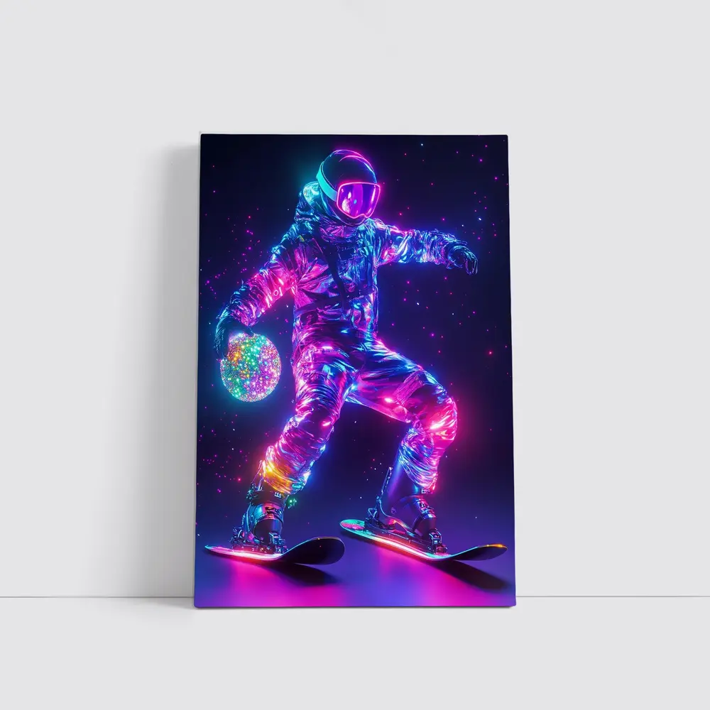 Neon Astronaut Snowboarding Through Cosmic Space – Wall Art