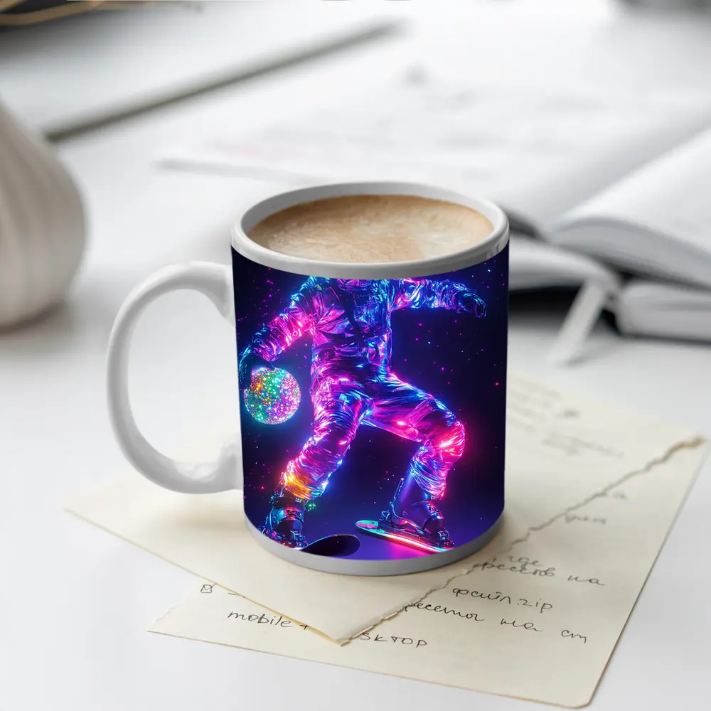 Neon Astronaut Snowboarding Through Cosmic Space – Mugs